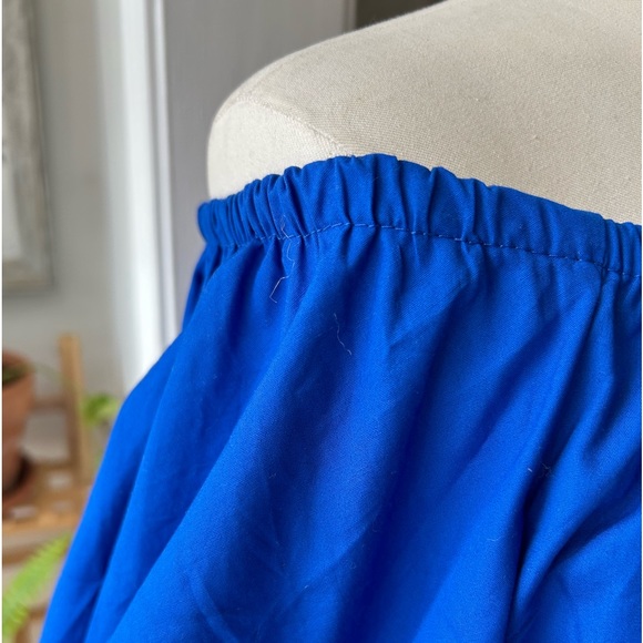 Scoop neck 100%cotton mini dress pullover solid blue ruched sleeves - Picture 3 of 12